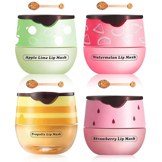 4 Pcs Honey Lip Balm, Strawberry Apple Watermelon Lip Mask, Moisturizing Lip Sleeping Mask, Hydrate Repair Prevent Dry Cracked Lip (Honey+Strawberry+Apple Lime+Watermelon)