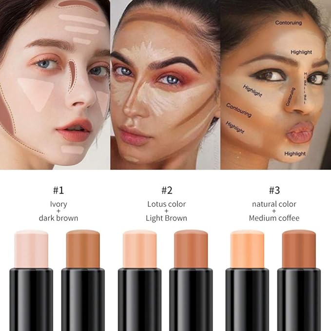 MEICOLY Cream Contour Stick Trio,Bronzer Highlighter Stick,2 in 1 Double Head Facial Repair Concealer Stick,3D Body Makeup Shading Trimming Stick,Smooth Gliding Face Illuminator Makeup,6 Colors