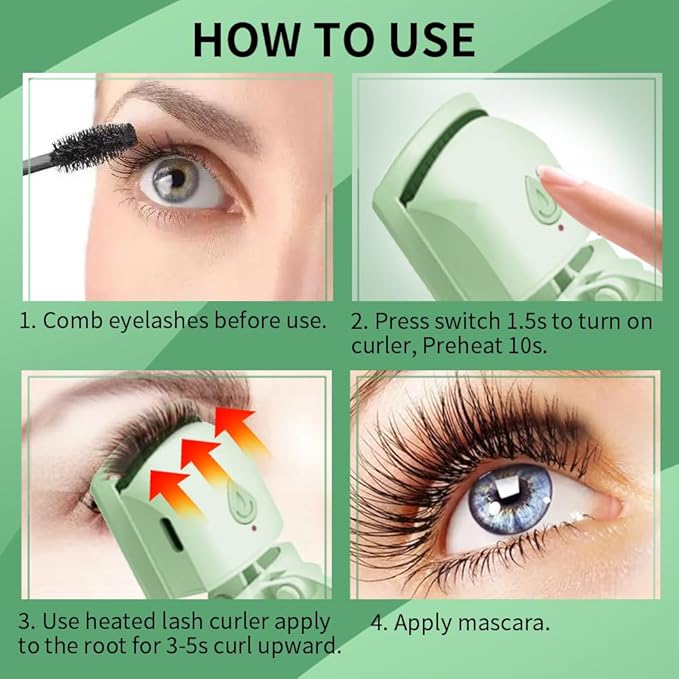 Heated Eyelash Curler – 5s Fast Heat-Up, 24H Long-Lasting Curls, Safe Anti-Burn Design – Rechargeable C-Shaped Electric Lash Curler for Stunning, Effortless Lashes, Green