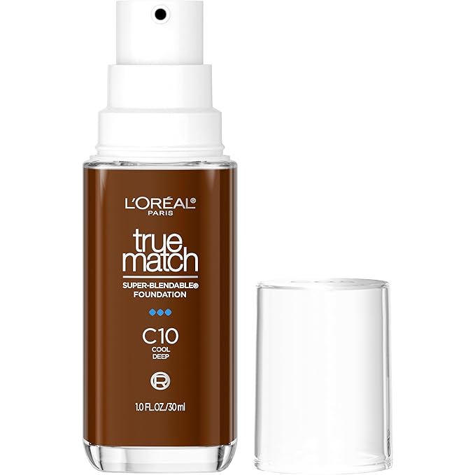 L'Oreal Paris True Match Super-Blendable Foundation, Medium Coverage Liquid Foundation Makeup, C10, Deep, 1 Fl Oz