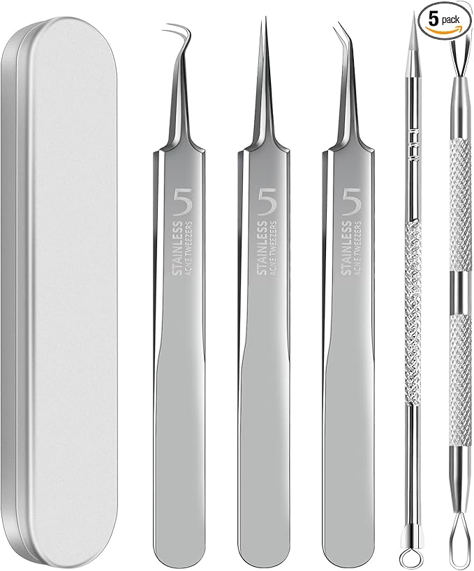 Blackhead Remover Tweezers, Pimple Popper Tool Kit, Ingrown Hair Tweezers, Blackhead Extractor, Skin Zit Acne Blemish Popping Removing Surgical Tweezers Tools for Nose Eye Face