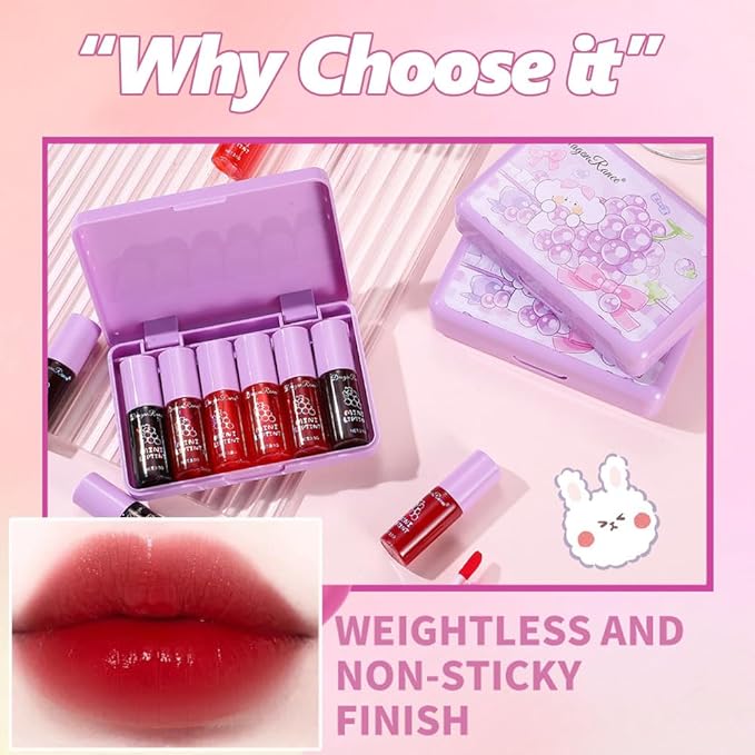 6 Colors Lip Tint Stain Korean Lip Gloss, Matte Velvet Lip Tint Natural Plumping Lip Stain, Multi-Use Lip and Cheek Tint Mini Liquid Lipstick, Long lasting Non-Stick Cup Waterproof, Lip Color Makeup