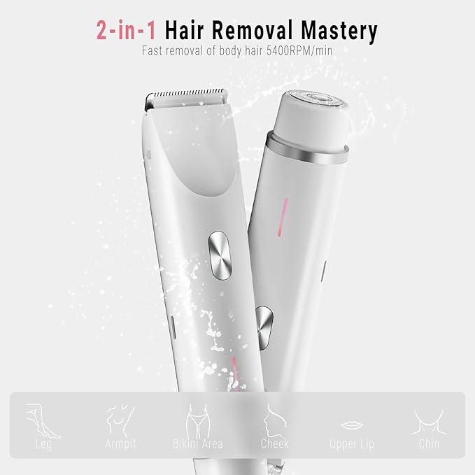 2-in-1 Bikini Trimmer for Women, Bikini Shaver with Dual Heads, Painless Body and Facial Hair Removal, Rechargeable Cordless Electric Razors for Face Chin Pubic Underarm Legs, IPX7 Waterproof, White
