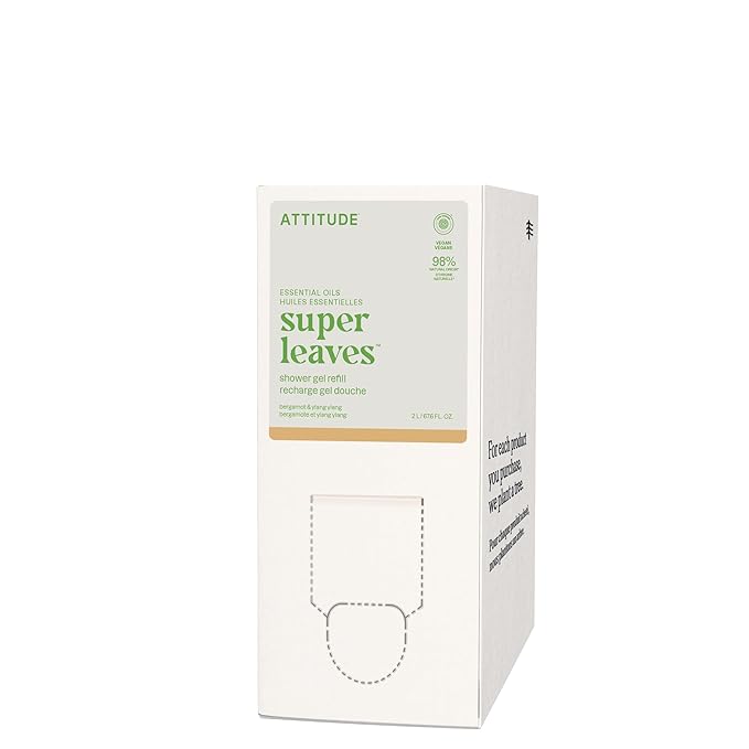 ATTITUDE Body Wash with Essential Oils, EWG Verified Shower Gel, Dermatologically Tested, Plant and Mineral-Based, Vegan Personal Care, Bergamot and Ylang Ylang, Bulk Refill, 67.62 Fl Oz