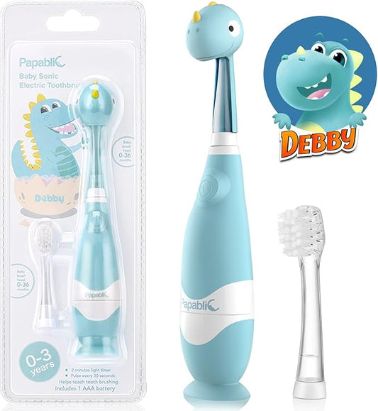 Papablic Toddler Sonic Electric Kids Toothbrush for Ages 1-3 Years, Baby Electric Toothbrush with Cute Dino Cover and Smart LED Timer, 2 Brush Heads (Debby)