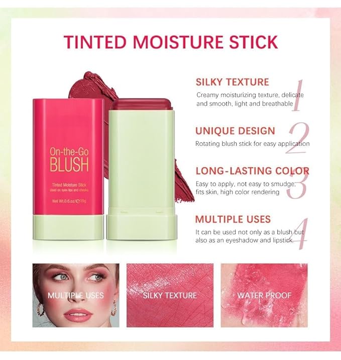 On-the-Go Makeup Blush Stick Tinted Moisture Stick, Shadow Lips Cheek Blusher Creamy Makeup Long Lasting Natural Nude Makeup for All Skin (red)