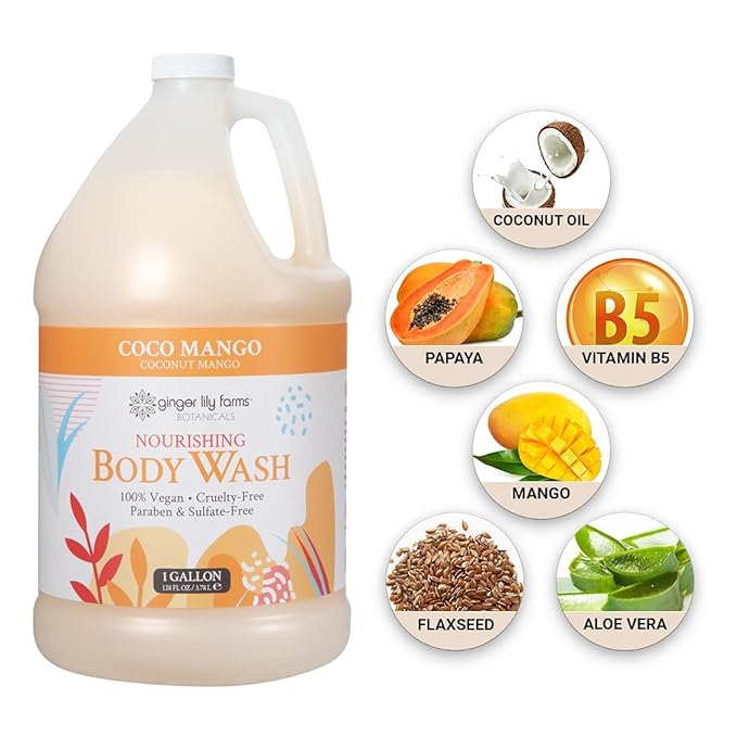 Ginger Lily Farms Botanicals Nourishing Body Wash, Coco Mango, 100% Vegan & Cruelty-Free, Coconut Mango Scent, 1 Gallon Refill 128 Ounce (Pack of 4)