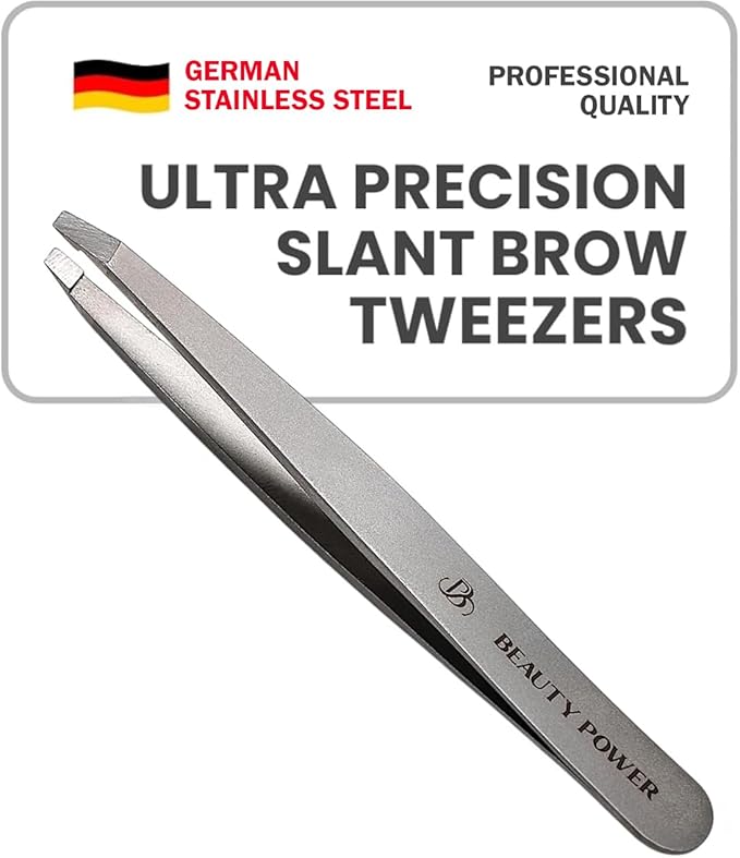 Professional Tweezers - Slant, Durable Lightweight German Stainless Steel, Ultra Precision Tweezers for Eyebrows, Facial Hair, Chin, and Ingrown Hair Removal - Gift (Matte Gray)