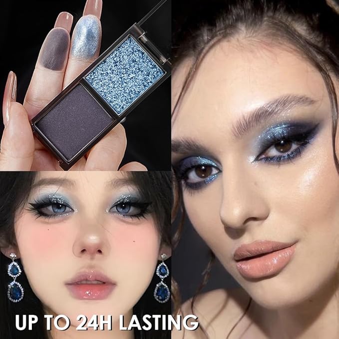 Blue Black Two Color Matte Shimmer Glitter Eyeshadow,Bright High Pigment Eye Shadow Powder,Professional Long-Lasting Waterproof Makeup Palette,Blendable,Easy-To-Apply and Compact for Travel