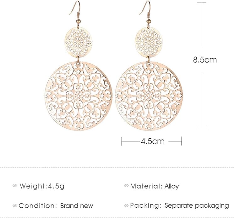 Filigree Hollow Disc Dangle Drop Earrings Boho Gold Ethnic Carved Flower Earrings Double Round Disc Drop Earrings Statement Hook Earrings Wedding Bridesmaid Jewelry for Women and Girls