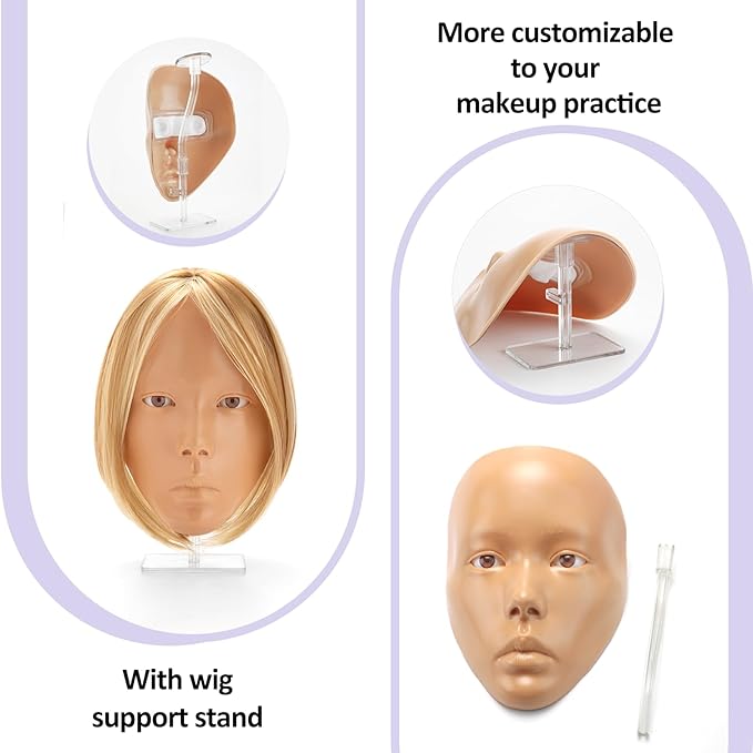 Makeup Practice Face, 2024 Upgrade 5D Makeup Mannequin Face Reusable Silicone Makeup Practice Face Board with Bracket, Come with Makeup remover & Concealer 3 Color & Makeup Bag Brown