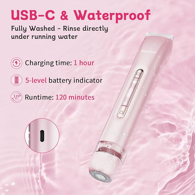 Bikini Trimmer for Women, 2-in-1 Electric Lady Shaver for Bikini Line & Sensitive Areas – IPX7 Waterproof Wet & Dry Razor for Underarms, Legs, Arms, Body & Face, USB-C Rechargeable, Pink