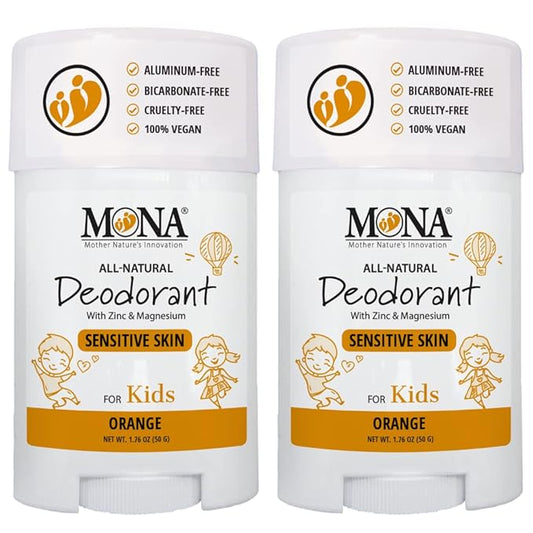 MONA 100% Natural Deodorant for Kids | Safe For Girls & Boys with Sensitive Skin | Baking Soda Free, Aluminum Free | Vegan, Non-GMO, Gluten and Cruelty free (2-PK ORANGE 1.76 Oz each)