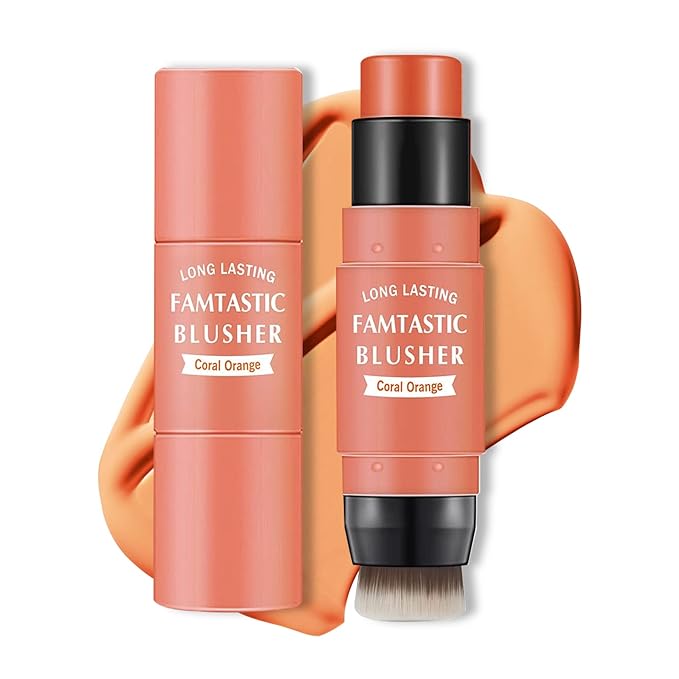 Cream Blush Stick with Brush,Waterproof Blush Makeup,Long Lasting 3 In 1 Cheek Blush & Lip Tint & Eye Shadow Makeup Stick,Easy To Use Blends Effortlessly,Cream Blush Makeup for All Skin Tones - Coral Orange
