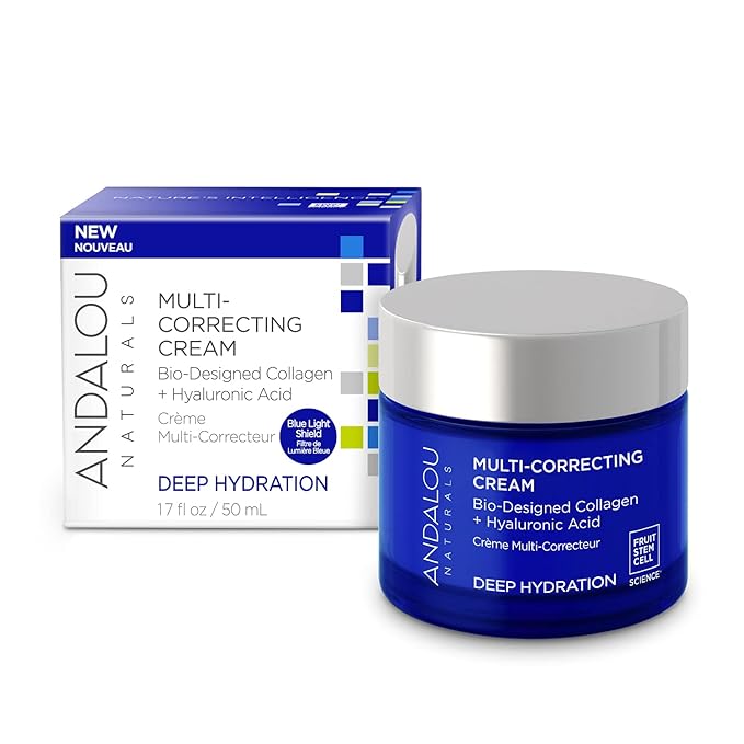 Andalou Naturals Deep Hydration Face Moisturizer, Multi-Correcting Cream, Day & Night Moisturizer for Face with Hyaluronic Acid & Vegan Collagen for Softer & More Supple Skin, 1.7 fl oz