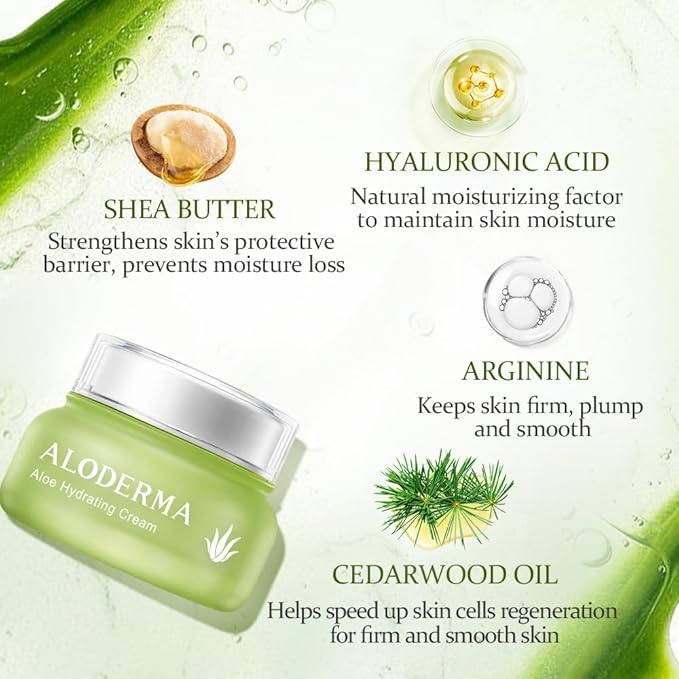 Aloderma Hydrating Face Cream for Dry Skin Made with 70% Organic Aloe Vera - Natural Hydration with Hyaluronic Acid & Arginine - Nourishing Aloe Vera Face Cream - Moisturizing Dry Skin Cream, 1.7oz