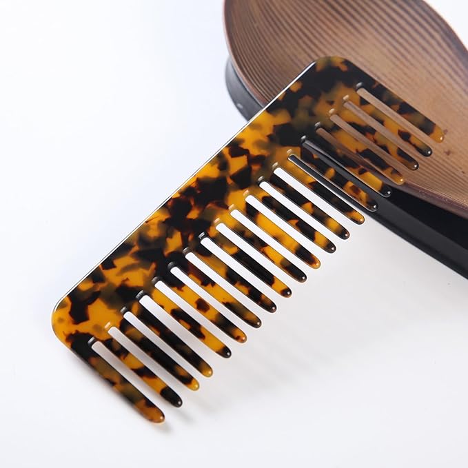 Fsmiling Wide Tooth Comb Large Detangling Comb Cellulose Detangler Comb for Women Thick Curly Wavy Wet Dry Hair 2 Pack,Tortoise shell