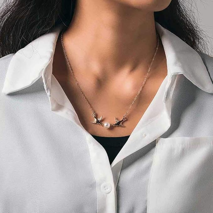 Vintage Pearl Necklace Long Birds Necklace Chain Pendant Necklaces Jewelry for Women and Girls (Gold)