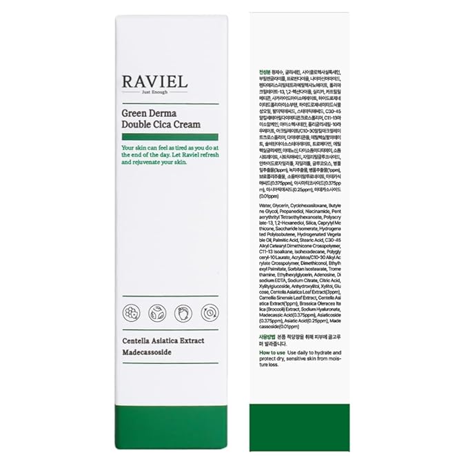 RAVIEL Green Derma Double Cica Cream | Redness relief & Skin Barrier Protection | Calming & Soothing, Deep Hydration Moisturizer for All Skin Types | Korean Skincare (1.7 fl oz, Pack of 1)