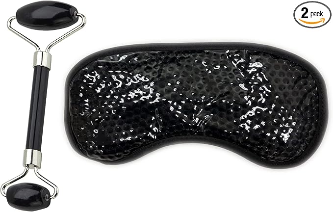 Eye Mask Set (2packs) - Hot and Code Eye Mask and Facial Roller Tools Set 100% Natural Jade Stone Beauty Massage Body Eyes Neck for Dark Circles and Puffiness-Color Black