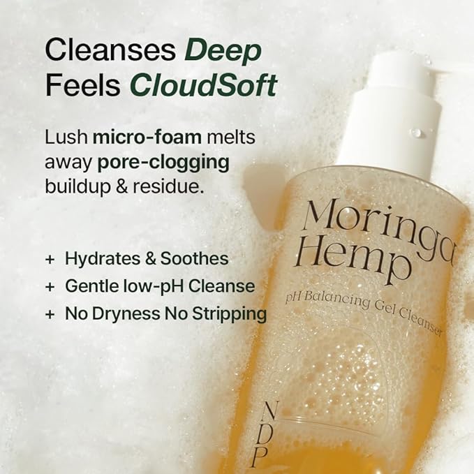 NDP Moringa Hemp Gel Cleanser, Gel-to-Foam, pH Balancing, Vegan, Non-Stripping, Hydrating Face Wash for Sensitive Skin – Fragrance-Free, Clean Beauty, Korean Skincare, 200ml / 6.76 fl oz