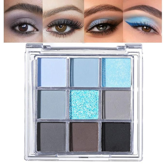 9 Colors Blue Grey Highly Pigmented Colorful Eyeshadow Palette,Matte Shimmer Navy Blue Sky Blue Grey Eye Shadow Makeup Palettes,Long Lasting Waterproof Eye Makeup Palette