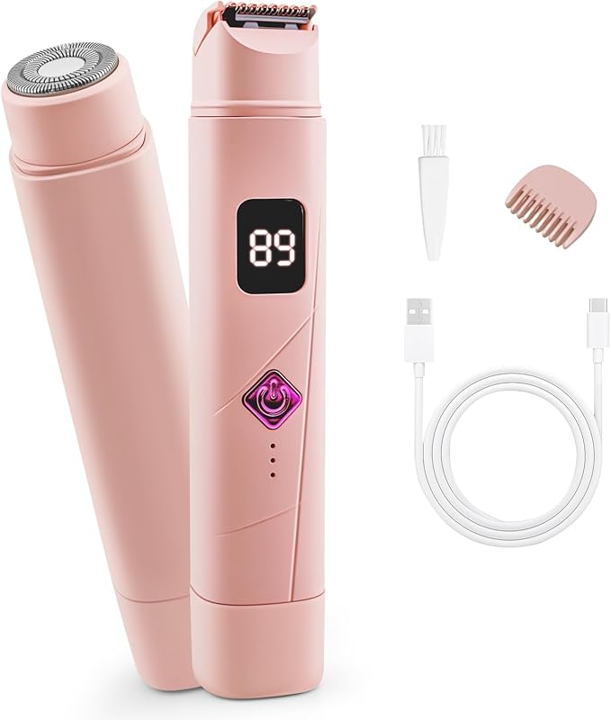 Bikini Trimmer for Women - 2 in 1 Women Electric Shaver Dual Head IPX7 Waterproof Wet & Dry Use Body Hair Trimmer and Facial Hair Remover for Bikini Underarm Leg Arm Body Face, Pink