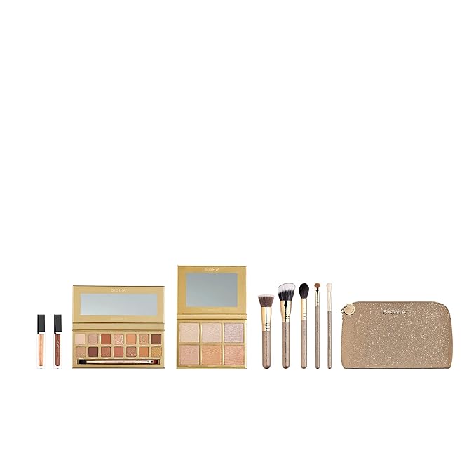 Sigma Beauty Ambiance Complete Collection - 14 Buttery Eyeshadow Powders, Highlighter Palette with 6 Metallic Highlighters, 2 Hydrating Lip Gloss, & 5 Makeup Brushes - Full Makeup Set