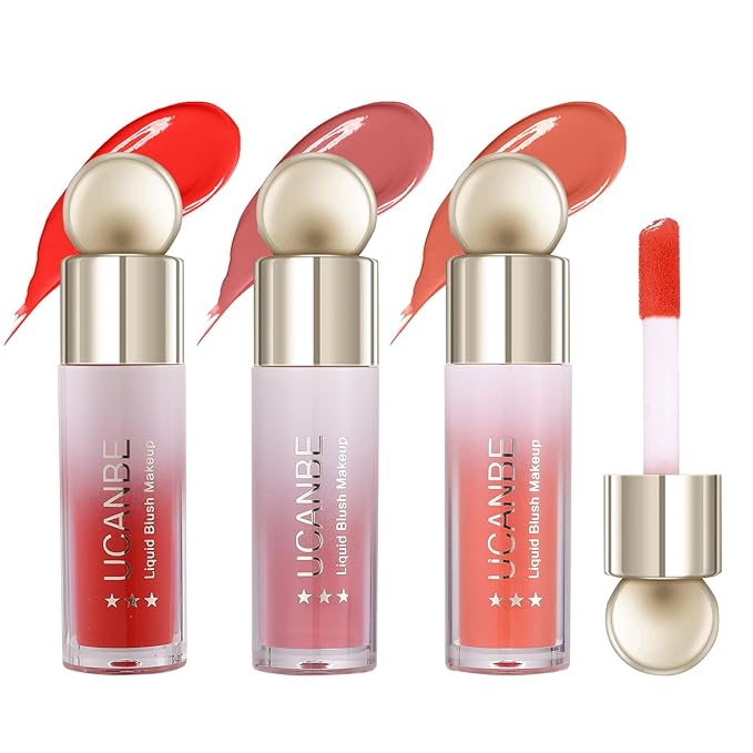 UCANBE 3PCS Liquid Blush Makeup Set – Dewy Cream Cheek Tint for Face – Blendable Long-Lasting Lightweight Natural Flushed Look (Cherry Red, Cool Pink, Light Orange)