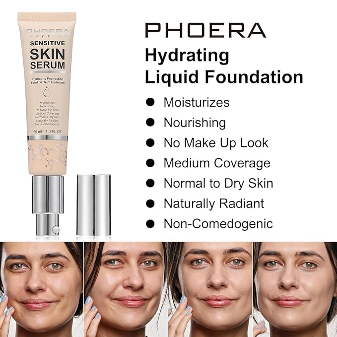 PHOERA Hydrating Serum Foundation,Flawless Full Coverage and Hypoallergenic Makeup Base Foundation. (N01 Porcelain, norm)