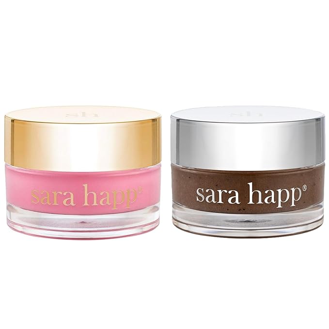 sara happ Sweet Clay Mask + Vanilla Bean Sugar Scrub Lip Duo, Exfoliating and Moisturizing Lip Treatments for Dry and Flaky Lips, Vegan (0.47 ounce and 0.5 ounce jars)