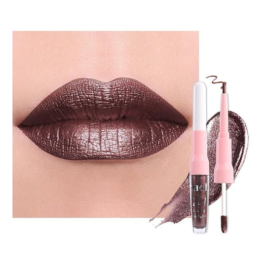 evpct Dark Brown Metallic Glitter Lip Liner and Lipstick Combo Lip Gloss Stain Set Makeup for Women Long Lasting Waterproof 24, Chocolate Metallic Shimmer Frosted Iridescent Shiny Liquid Lipstick 11