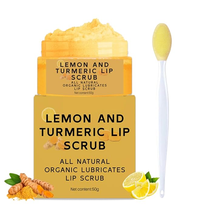 Turmeric Lemon Lip Scrub for Dark Lips with Brush, Turmeric lip Exfoliator with Aloe Vera, lip Scrubber Exfoliator for Dark, Dry, Chapped LiPs, Reduce Fine Lines, Hydrate LIp exfoliator Scrub (1 PCS)