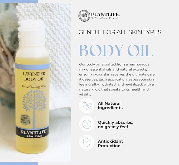 Plantlife Lavender Body Oil - Moisturizing Natural Body Oil for All Skin Types - Nourishing Dry Skin and Making It Feel Soft and Silky for Women & Men - Bath, Body & Massage Oil - 4oz