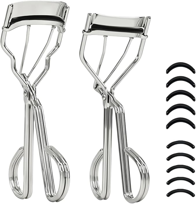 2 Kinds of Eyelash Curlers with Different Curvature Suitable for Various Eyes Shapes, Silver Comfort Grip,10 Silicone Replacement Refills Pads for Perfect Framed Lashes - Gentle & Safe Use