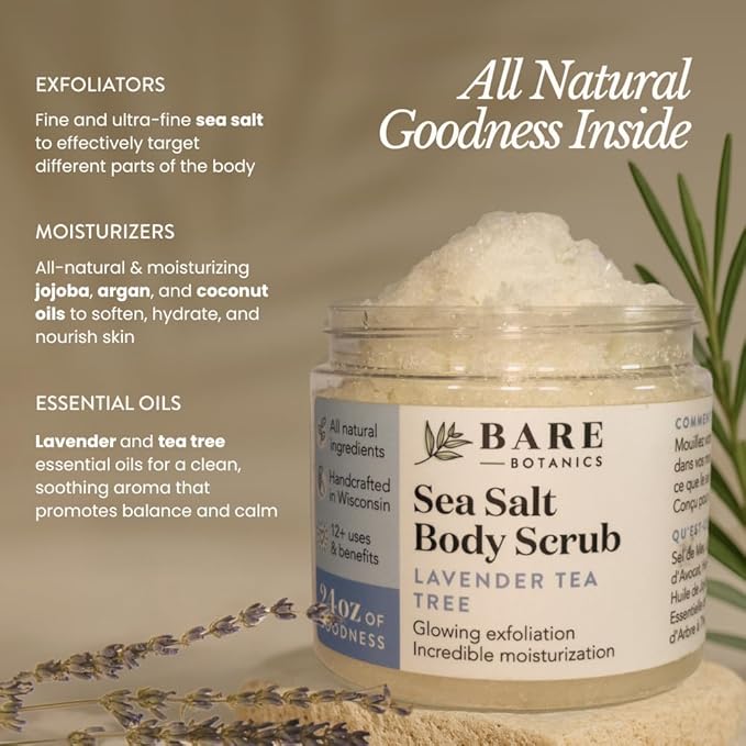 Bare Botanics Lavender Tea Tree Body Scrub 24oz | Made in Madison, WI | All Natural Sea Salt Exfoliator w/ Skin Loving Moisturizers | Vegan & Cruelty Free | Gift Ready Packaging w/ a Cute Wooden Spoon