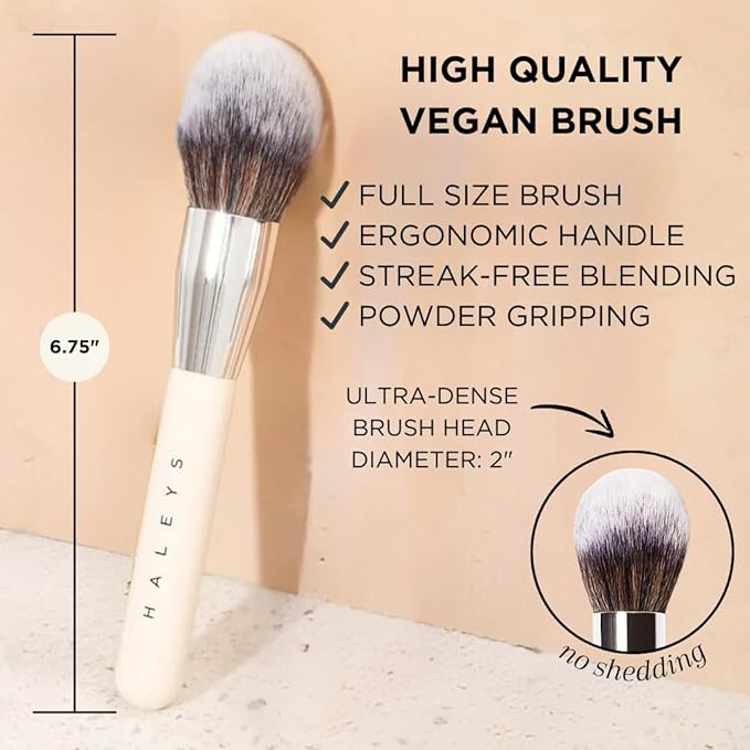 HALEYS Powder Brush VEGAN+CRUELTY-FREE, Soft, Streak-free, Perfect Blending, Buff, Blurs, Smooths, Control, Precision, Complexion tools, For powder, setting powder, blush, Sustainable Wood Handle