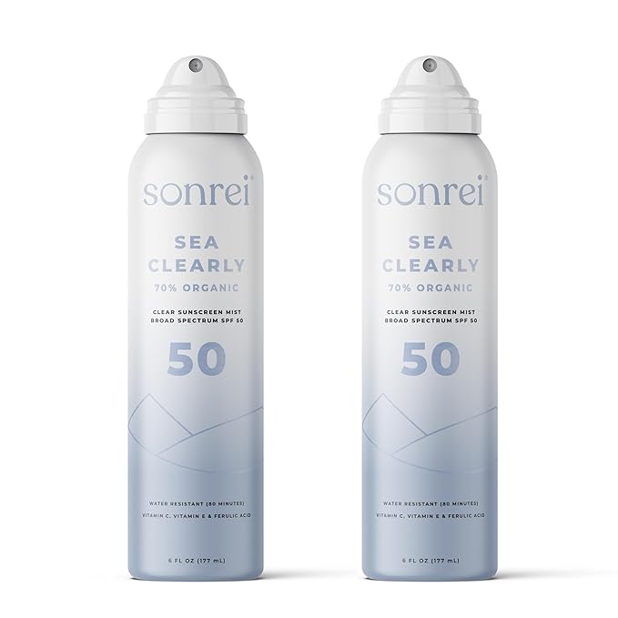 Sonrei Sea Clearly® Organic Mist Sunscreen | SPF 50, Broad Spectrum, Water-Resistant | Vegan, Non-Greasy | Ideal for Face & Body | 6 Fl Oz (Pack of 2)