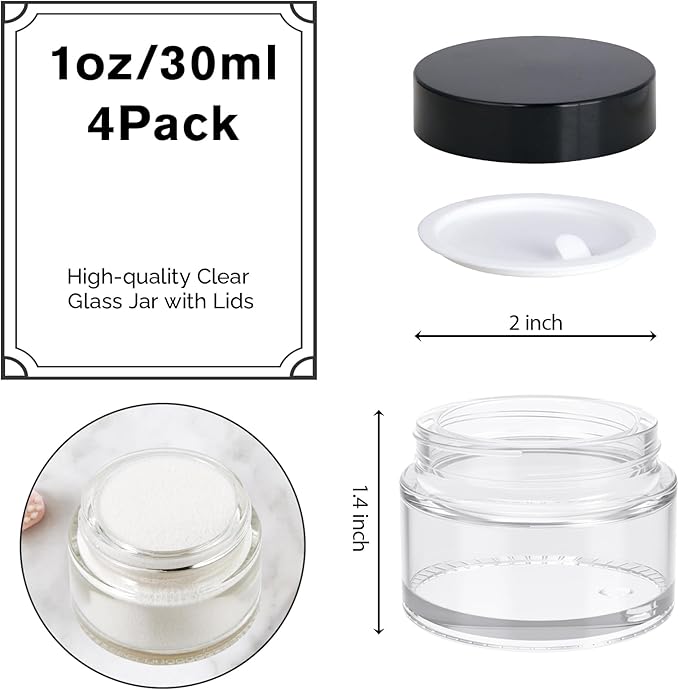 1oz Jars with Lids, HOA Kinh 4 Pack Clear Glass Jars Empty Cosmetic Containers Round Airtight Glass Jar with Inner Liners and black Lids for Storing Lotions, Powders, and Ointments