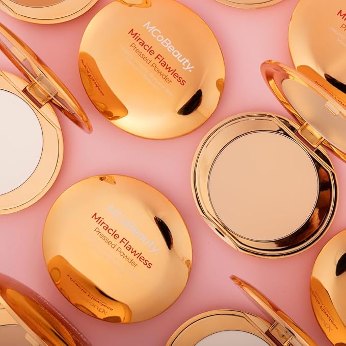 MCoBeauty Miracle Flawless Pressed Powder, Medium Warm Shade, Oil-Control, Soft-Focus Finish with Hydrating Rose Flower Extract & Sweet Almond Oil, Vegan, Cruelty Free Cosmetics