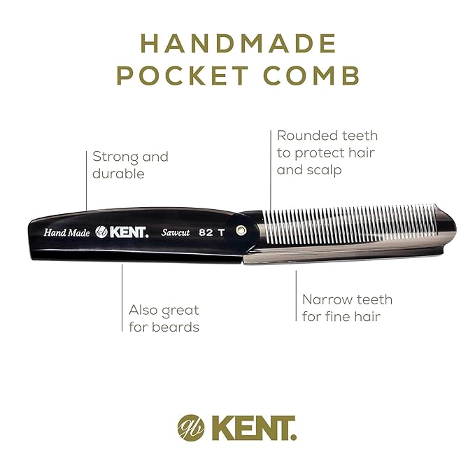 Kent 82T Handmade Folding Pocket Comb for Men, Fine Tooth Hair Comb Straightener for Everyday Grooming Styling Hair, Beard or Mustache, Use Dry or with Balms, Saw Cut Hand Polished, Made in England