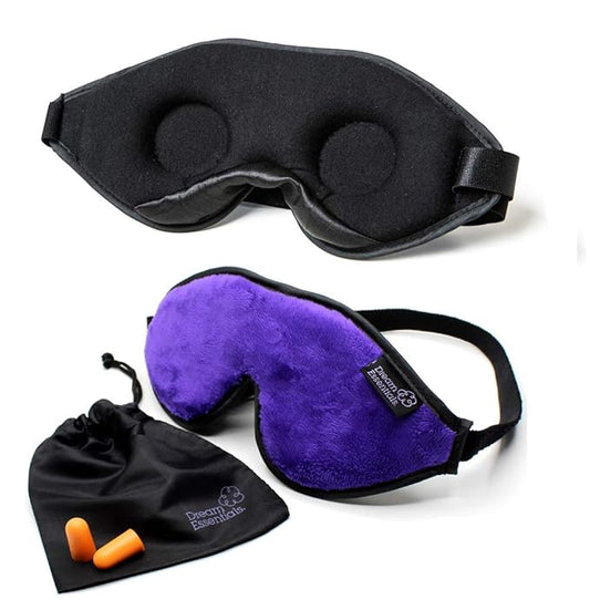 Dream Essentials, Escape 3D Sleep Mask, Earplugs, Carry Pouch Set, Molded Eye Shade, Men and Women, Contoured, Nose Bridge, Light Block, Memory Foam, Gift Set, Travel, Yoga, Blindfold, Deep Purple