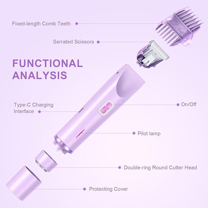 Dermave Bikini Shaver - Electric Bikini Trimmer for Women, Dual Head Shaver Painless Hair Removal for Face, Body & Intimate Areas (Purple)