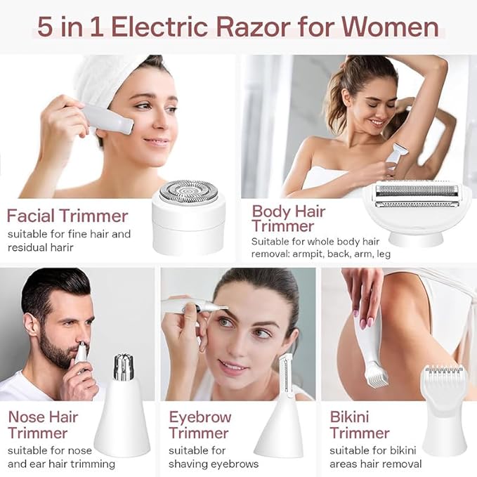Bikini Trimmer for Women, 5 in 1 Electric Razors for Women - Rechargeable Electric Shaver - IPX7 Waterproof Bikini Trimmer for Underarm Leg Arm Body