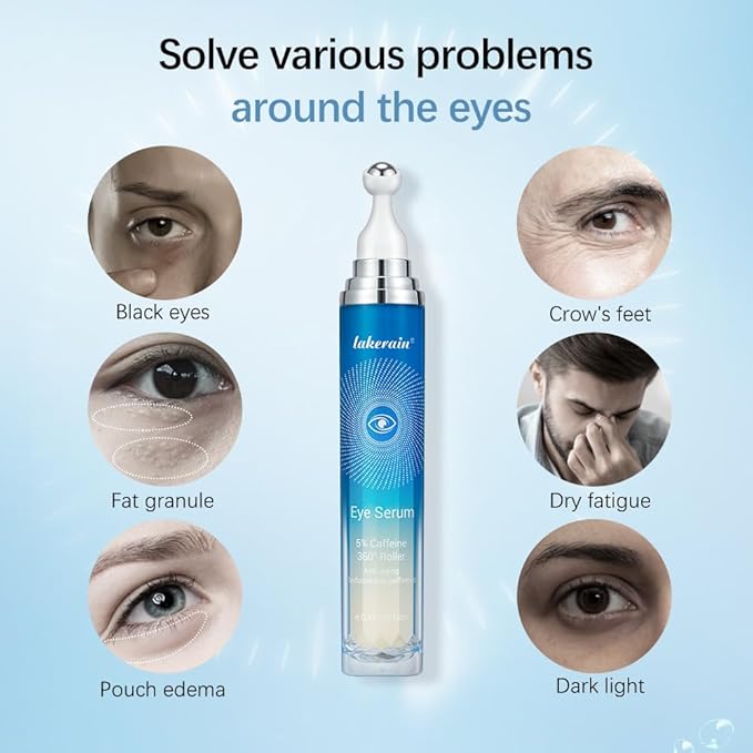 5% Ordinary Caffeine Eye Serum, Anti-Aging Hydrating Eye Serum with 360° Massage Ball,Eye Serum Reduce Wrinkles and Fine Lines,Under Eye Roller Cream for Dark Circles and Puffiness