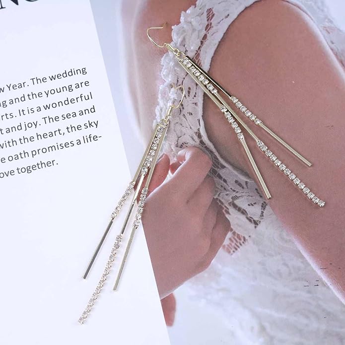 Vintage Crystal Tassel Earrings Rhinestone Bar Drop Earrings Long Rhinestone Chain Earrings Gold Cz Bar Hook Earrings Sparkle Tennis Chain Earrings Jewelry for Women