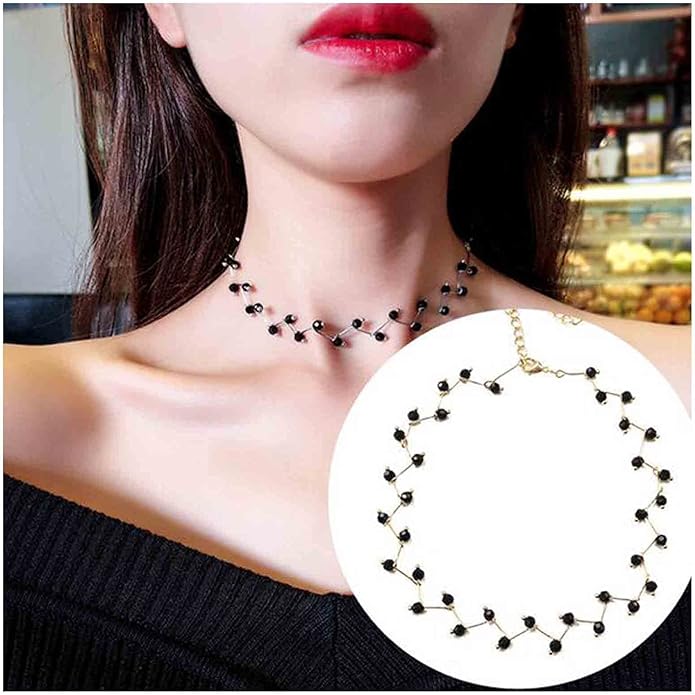 Black Crystal Choker Necklace Short Black Beaded Choker Necklace Silver Chain Necklace Minimalist Necklace Jewelry for Women and Girls