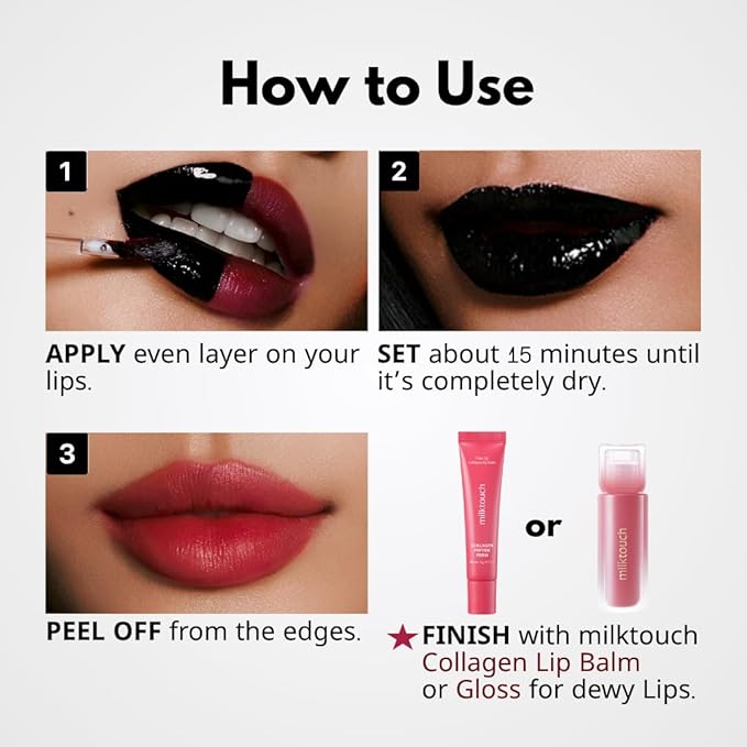 MILKTOUCH Black Peel Off Lip Tattoo - Long-Lasting Matte Lip, Waterproof & Transfer-Proof, Highly Pigmented, Stay-On-All-Day Lip Tint Stain (4.5g) #02 Black Plum