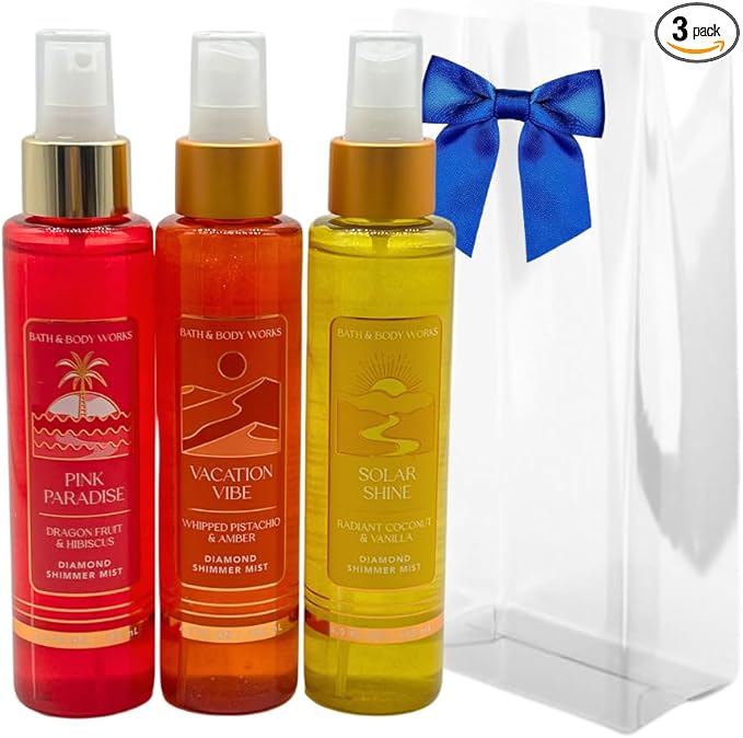 Bath & Body Works VACATION VIBE, PINK PARADISE, SOLAR SHINE Diamond Shimmer Mist - Gift Set with a Blue Bow for Holiday - 4.9 fl oz each - Summer Scents