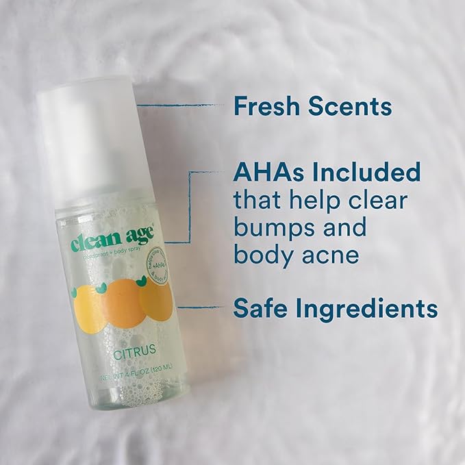 Aluminum Free Deodorant & Body Spray for Whole Body - Citrus 4oz (2 Pack) Clean Deodorant and Body Spray for Teen Boys and Girls - With AHA For Body Acne - Body Spray for Teens Formula